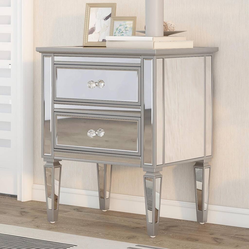 Elegant Mirrored 2-Drawer Bachelors Chest , Silver Finished Side Table for Living Room