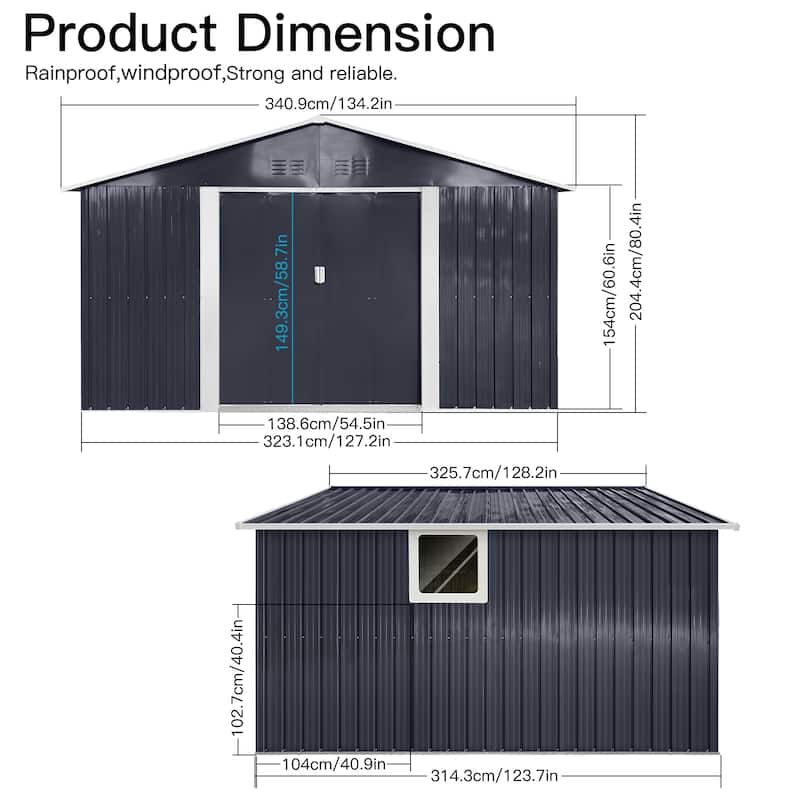 Metal Garden Sheds 11.2ftx10.6ft Outdoor Storage Sheds Grey With Window