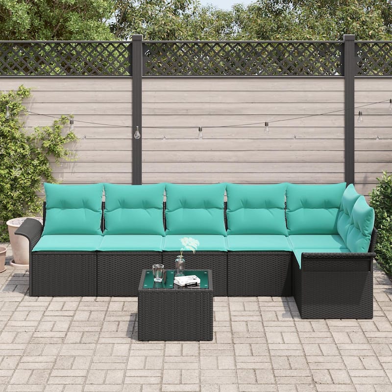 vidaXL 7 Garden Sofa Set with Cushions Black Poly Rattan - 117.1 x 52.2 x 27.2