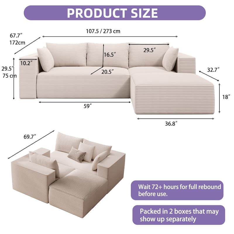 108" Modular Sectional Couch with L-Shape Chaise, Modern Cloud Sectional Sofa with Deep Seat