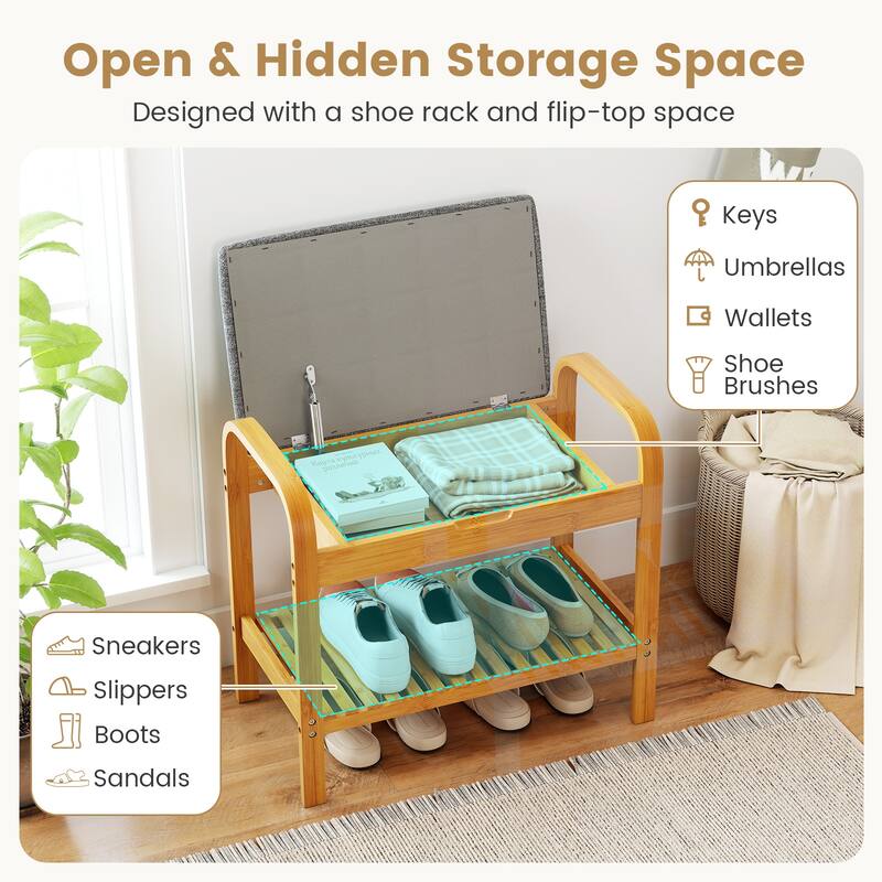 Gymax Shoe Rack Bench Bamboo W/Cushioned Seat&Storage Shelf Padded