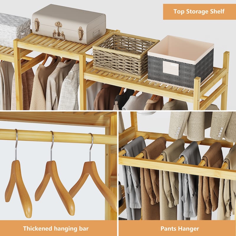 Large Bamboo Clothing Garment Rack Multi-tiered Wardrobe