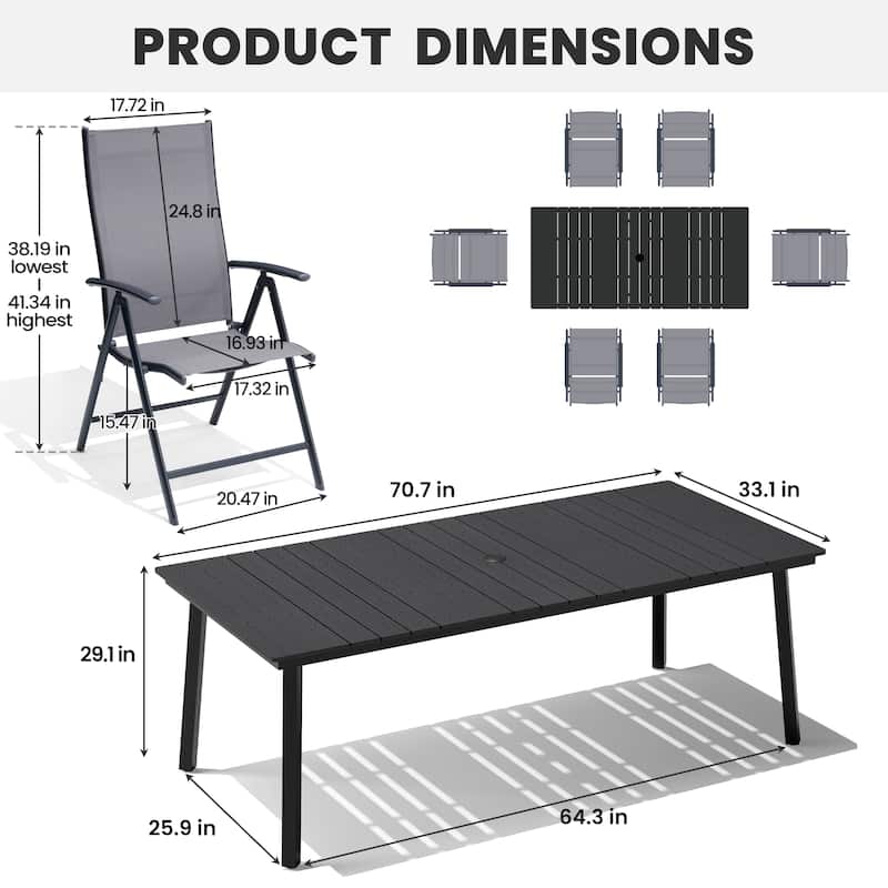 7-Piece Outdoor Rectangle Patio Dining Table with Umbrella Hole and Adjustable Folding Chairs