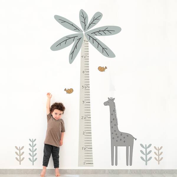 dimension image slide 0 of 4, Lambs & Ivy Jungle Adventure Tree with Giraffe Wall Decal Kids Growth Chart