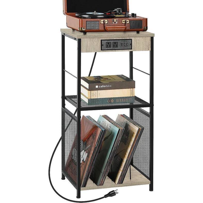 Vinyl Record Storage Table with Power Outlet - Grey