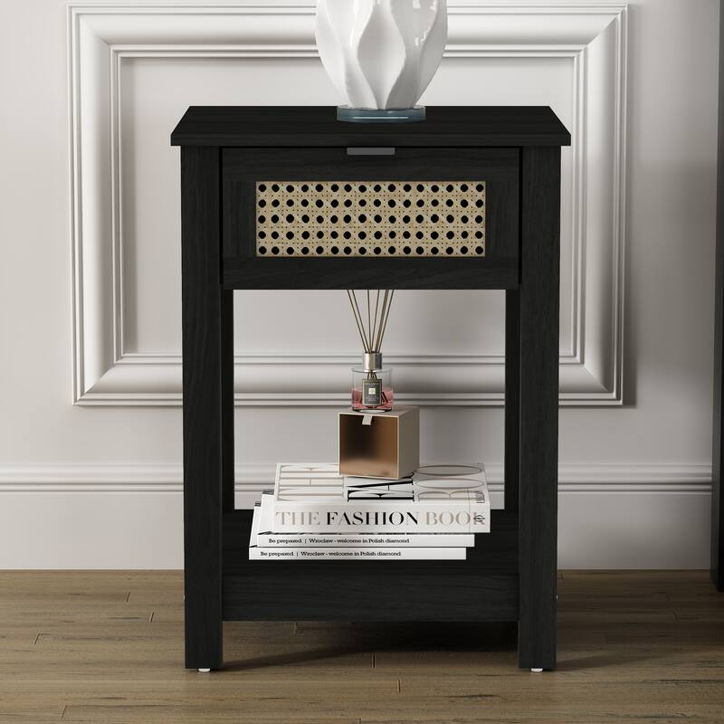 Idiana 1-Drawer Oak Nightstand Sidetable with Laminated Rattan (23.2 in. H x 16.5 in. W x 15.4 in. D)