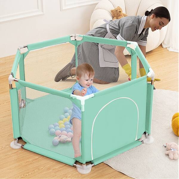 slide 2 of 6, Infant 50"x50" 6-Panel Baby Playpen Spacious & Secure Foldable Playard Green Green