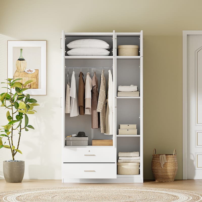 3-Door Wardrobe with Dressing Mirror Door for Rental Housing Bedroom, Mirror Armoires Closet with 2 Drawers & Top Cabinet, White - White