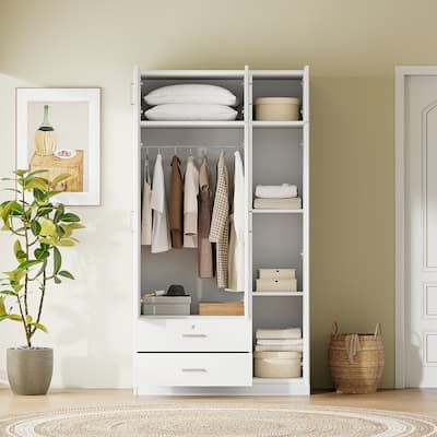 3-Door Wardrobe with Dressing Mirror Door for Rental Housing Bedroom, Mirror Armoires Closet with 2 Drawers & Top Cabinet, White