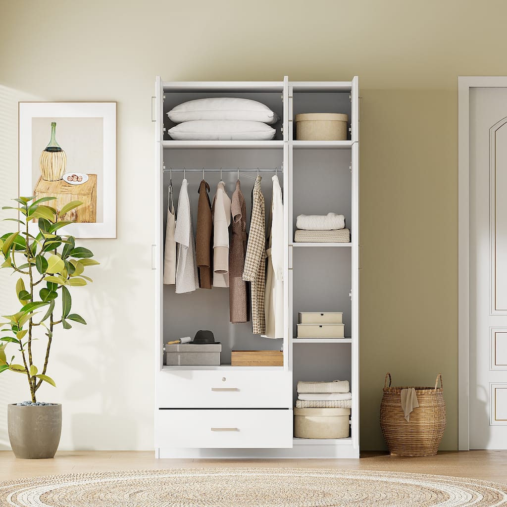 3-Door Wardrobe with Dressing Mirror Door for Rental Housing Bedroom, Mirror Armoires Closet with 2 Drawers & Top Cabinet, White