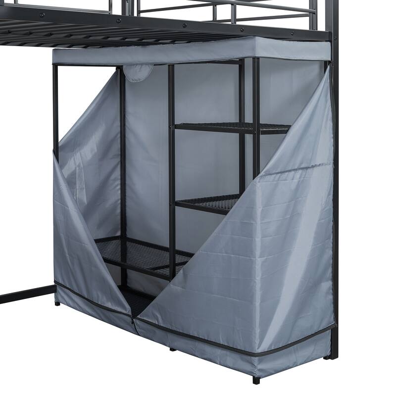 Modern Loft Metal Bed with Built-in Desk, Power Outlet, LED Strip, and Fabric Wardrobe - Twin/Full