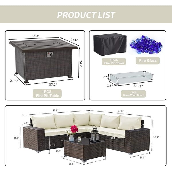 dimension image slide 2 of 7, Outdoor Patio Furniture Set, All Weather PE Wicker Sectional Conversion Sofa set with Firepit(Optional)