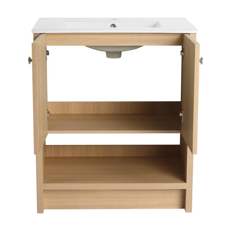 GDFStudio - Bergen Modern Minimalist Freestanding Bathroom Vanity Cabinet with Ceramic Sink, Soft Close Doors& Open Shelf - 30"
