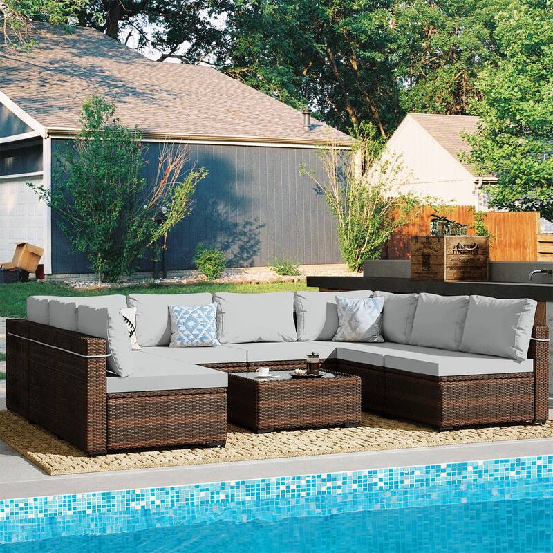 Patio Watcher Outdoor 8 Seater Rattan Sectional Set with Cusions and Coffe Table - Light Grey
