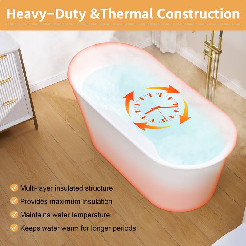 66'' W,73 GALLONS Freestanding Acrylic Soaking Bathtub With Drain And Overflow Holes