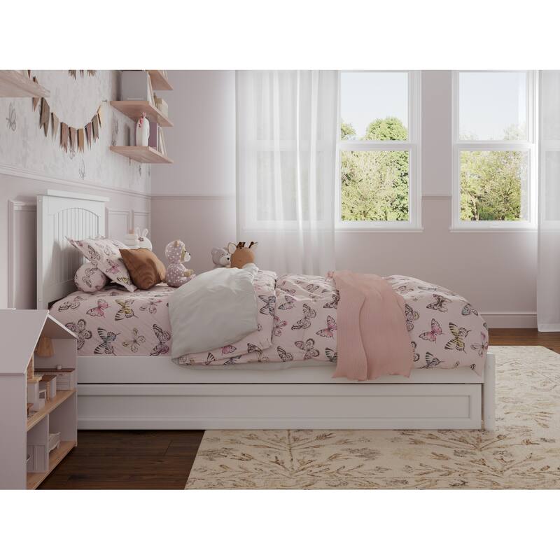 Twin Platform Bed with Trundle - White Wood Bed Frame & Panel Headboard - Space Saving Design