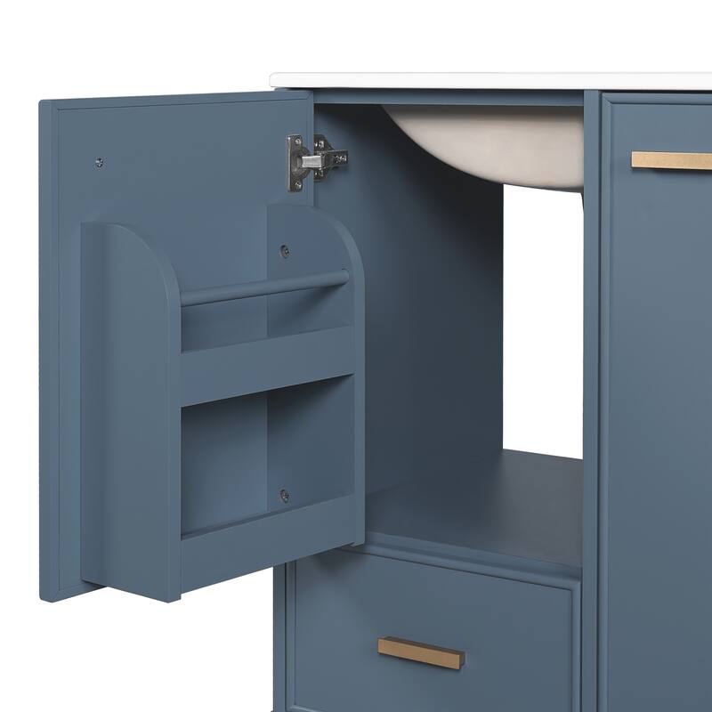 Bathroom Vanity with Sink, Freestanding Vanity Set, Bathroom Cabinet with Door Shelf, Deep Drawer & 2-Tier Pull-Out Basket