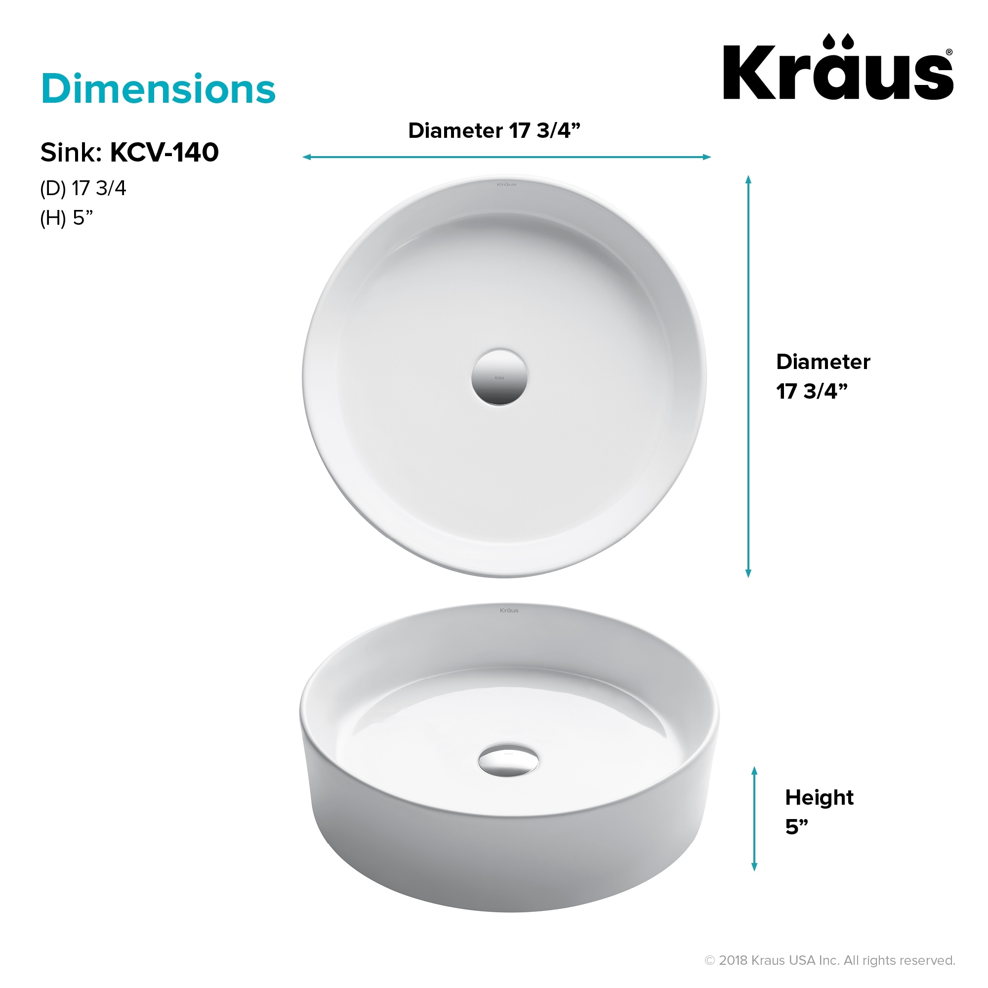 18 x 18 x 4.84 inches White Kraus KCV-140 Ceramic undermount Round Bathroom Sink