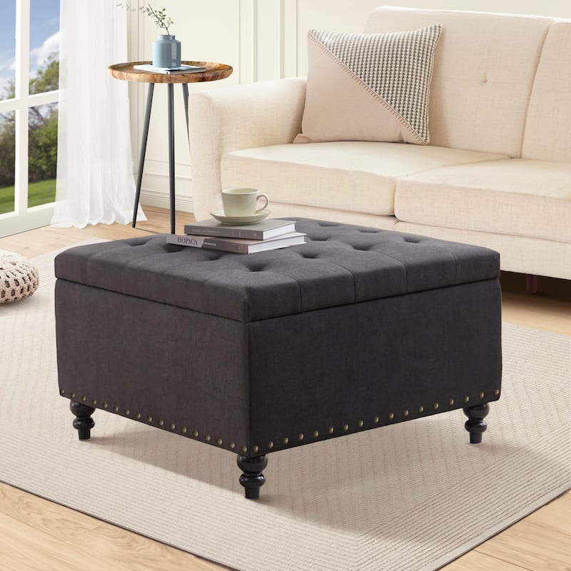 Large Square Storage Ottoman for Living Room - Dark Grey