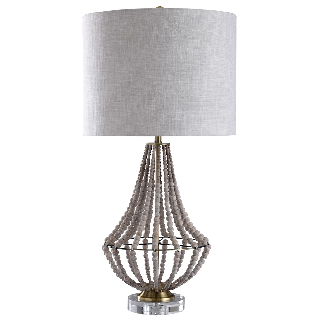 Harp & Finial Aurora Natural Wood Bead Body Table Lamp with Off White Textured Linen Hardback Shade