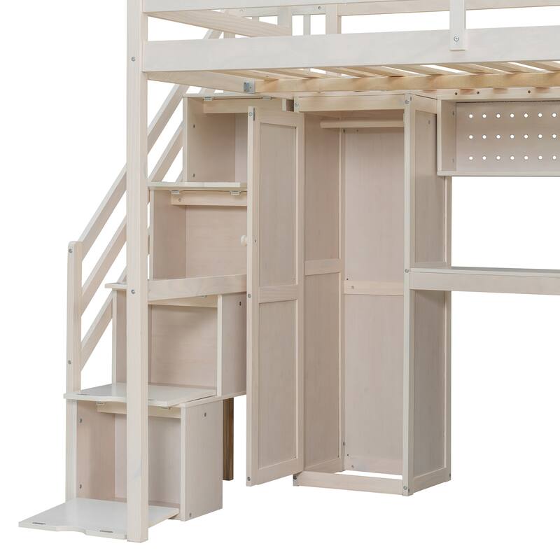 Full Loft Bed with Built-In Wardrobe & Study Desk - Space-Saving Frame with LED Lights & Shelves