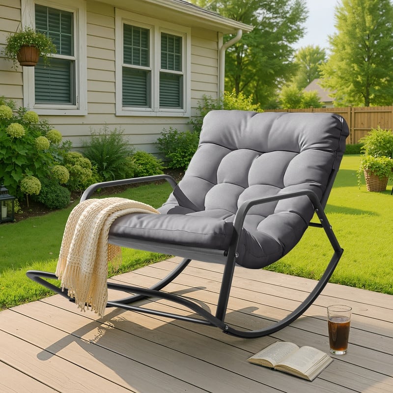 FINCATI Outdoor Patio Oversized Rocking Chair Papasan, Comfy Rocking Lounge Chair, Metal Rocking Chair with Cushion - 1 PC-Light Grey