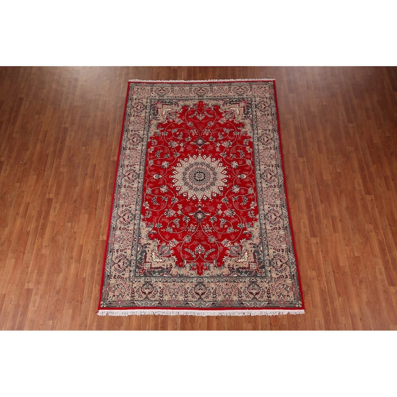 Red Medallion Kashan Turkish Rug Machine-Made Floral Carpet - 6'4" x 9'8"