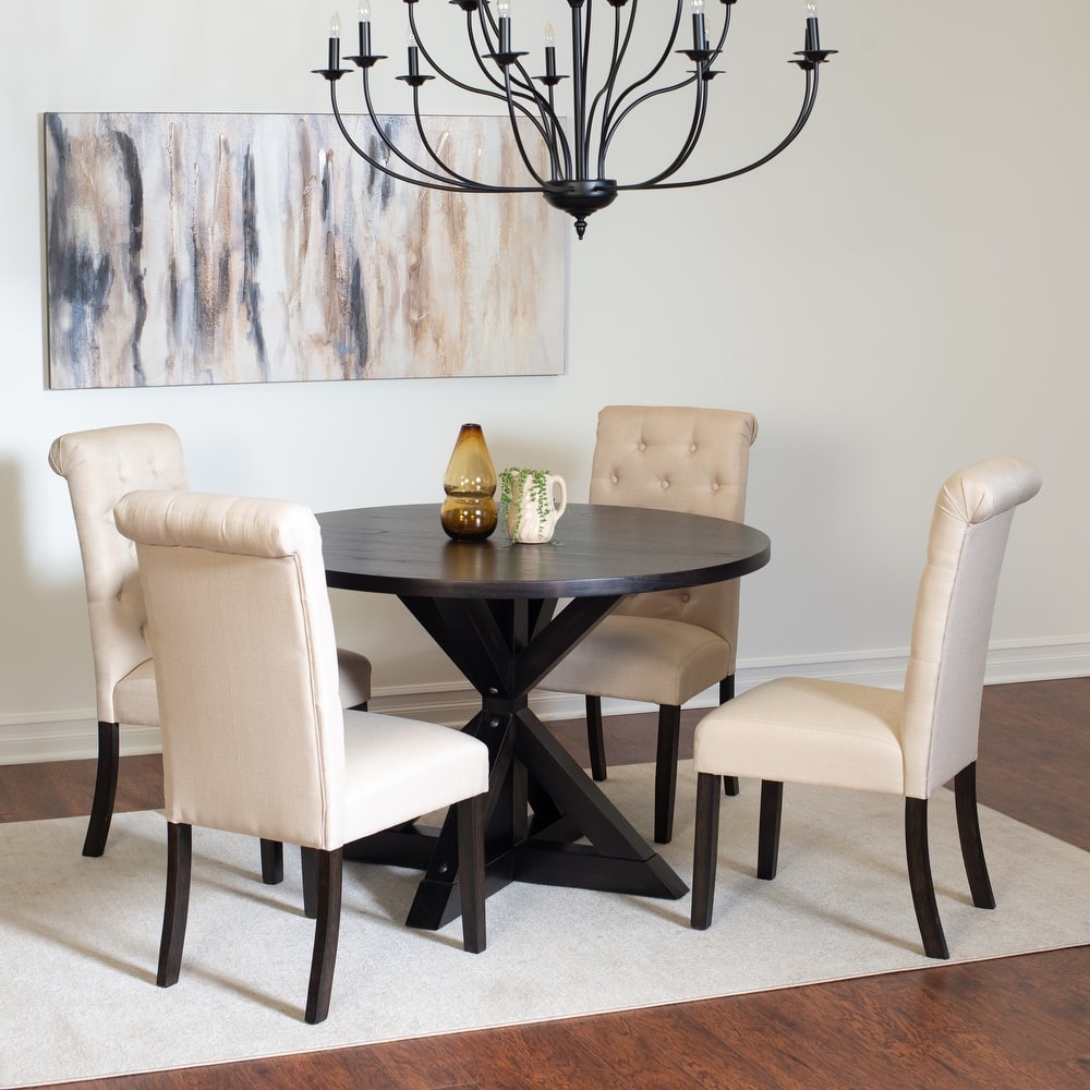 Modern 5-Piece Dining Set with Round Cross Base Table & 4 Tufted Chairs