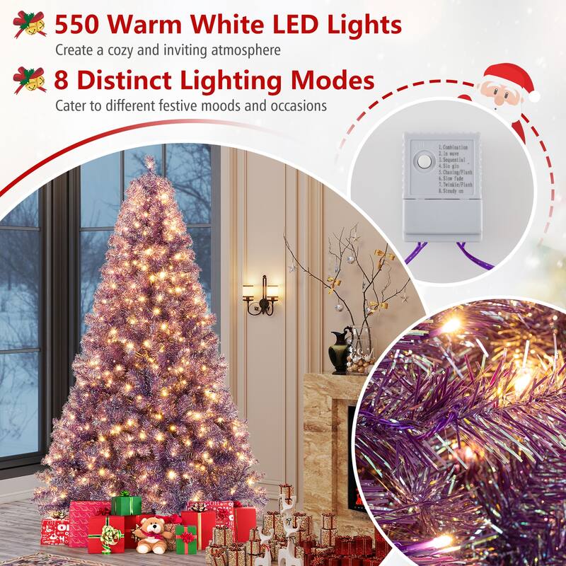 Gymax 7.5 FT Pre-Lit Tinsel Christmas Tree Artificial Xmas Tree w/