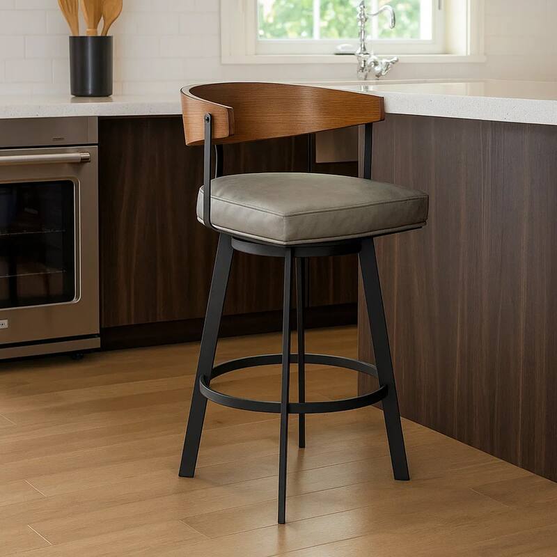 Lasie Swivel Counter Stool Chair, Walnut Brown, Gray Faux Leather