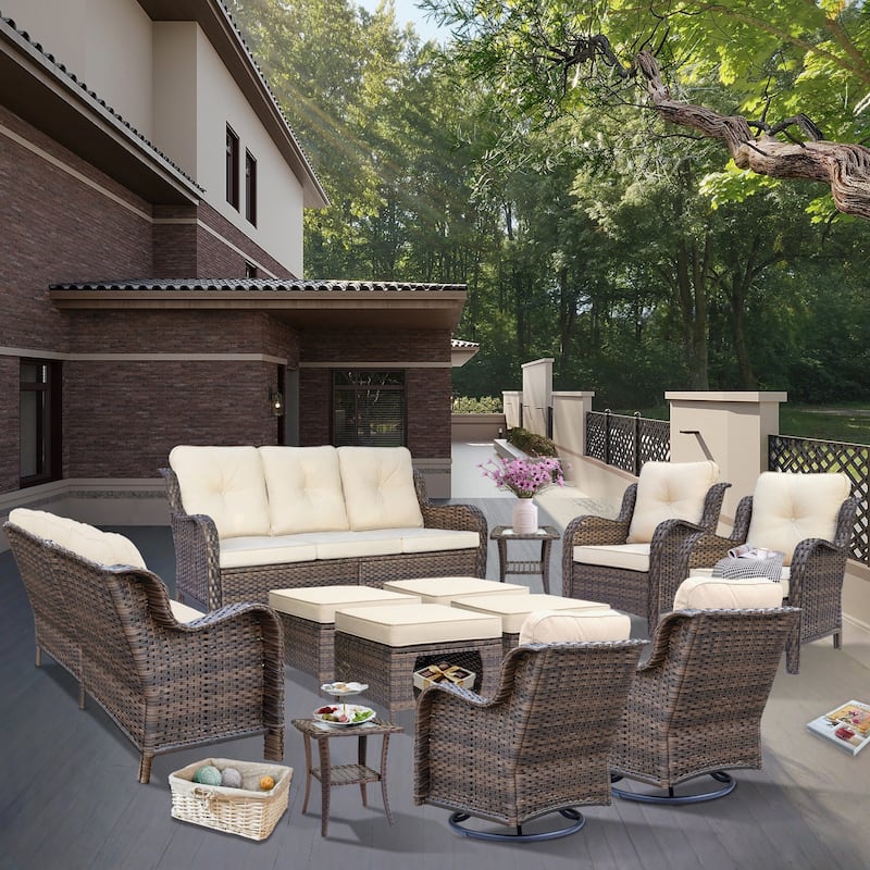 12 Piece Outdoor Rattan Patio Conversation Sofa Sets with Swivel Chair - Cream
