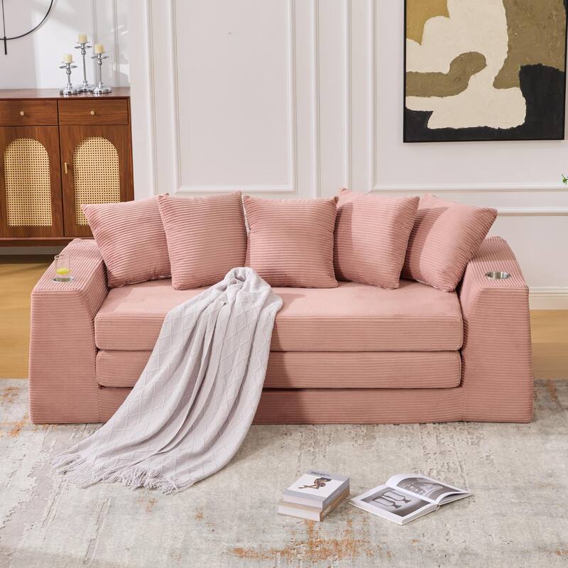 2 in 1 Convertible Sofa Bed, Sleeper Sofa with Storage Pockets, Pull Out Loveseat Couch with Two Cup Holders