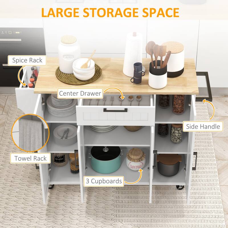 Kitchen Island on Wheels, Rolling Cart with Rubberwood Top, Drawer, Spice Towel Rack, Storage Cabinet with Adjustable Shelves