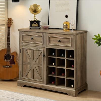 39'' Brown Farmhouse Liquor Bar Cabinet with 2 Drawers & Removable Wine Racks