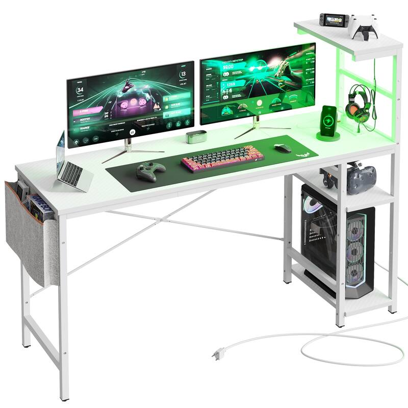 61" Gaming Desk Computer Desk with LED Lights Storage Shelves and Side Bag Home Office Desk