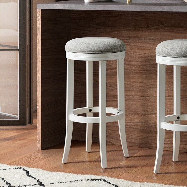 New Ridge Home Goods Avery White Wood Backless Swivel Bar Stool Gray Fabric Seat On Sale Bed Bath Beyond 36404233