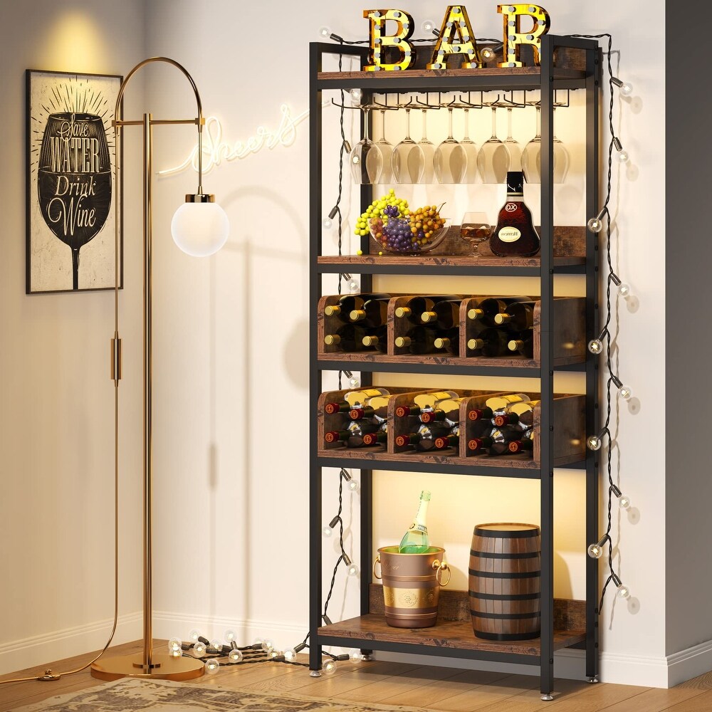 Homfa Bamboo Wine Rack 7 Tier Free Standing Wine Storage Rack Display Shelves 28 Bottles Capacity Storage Standing Table Wobble Free for Home Kitchen Dark Brown 