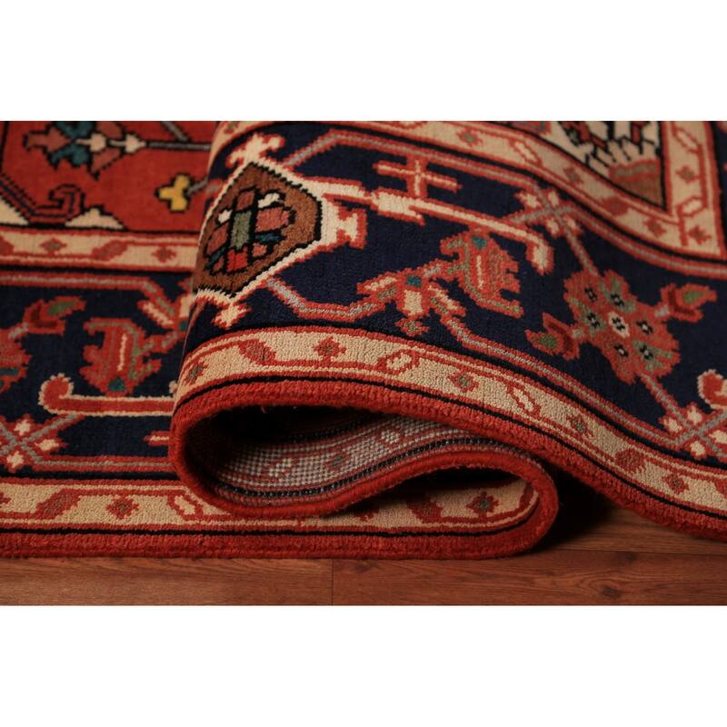 Orange Geometric Heriz Serapi Indian Area Rug Handmade Wool Carpet - 7'11"x 9'10"