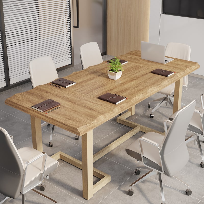 62-inch Rectangular Conference Meeting Table with Solid Wood Legs - Natural