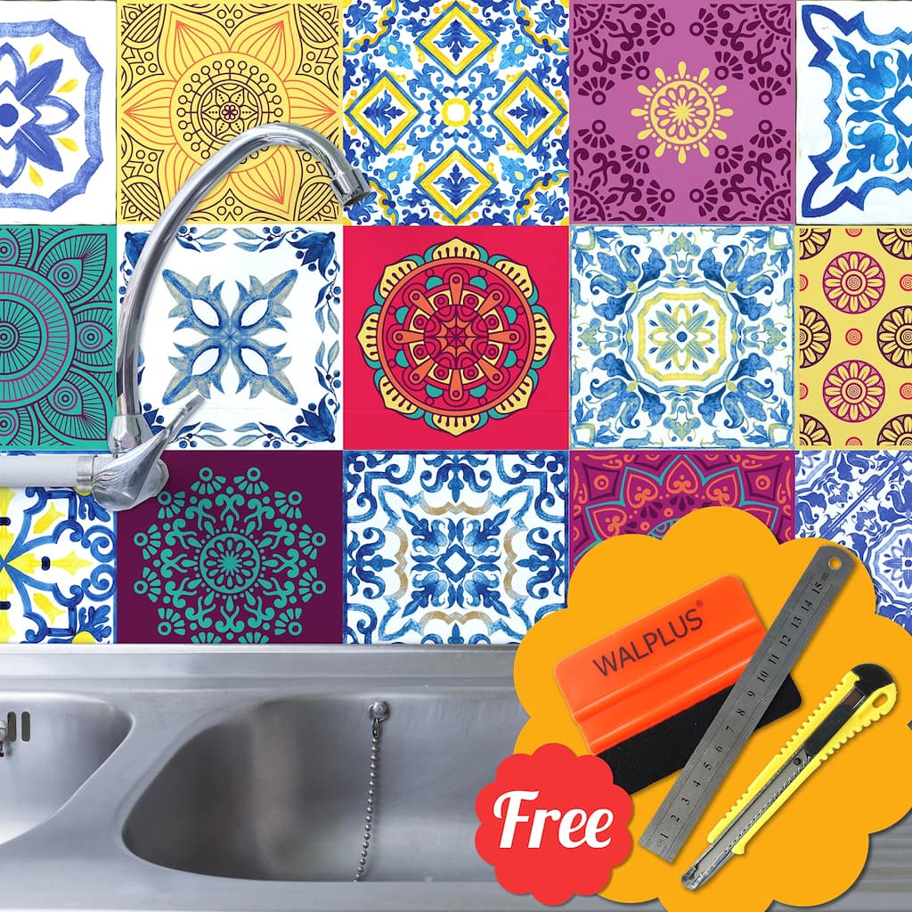 Walplus Mandala Mix Red Mosaic Wall Tile Stickers Peel and Stick 48pcs 6"x6"