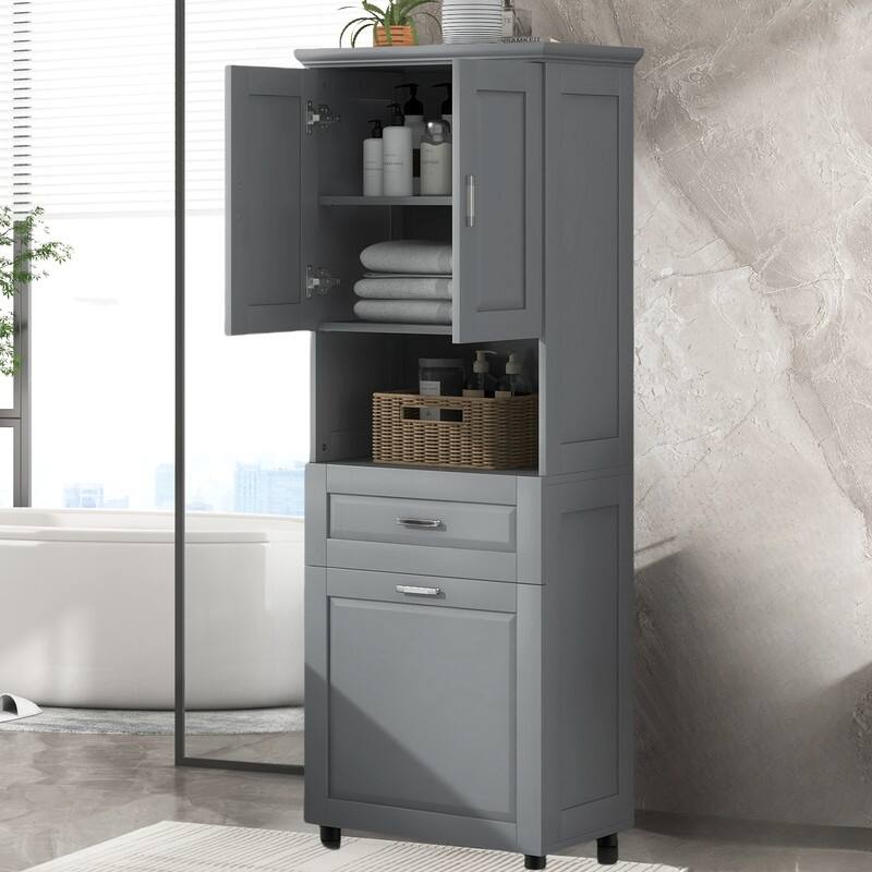 Tall Tilt Out Laundry Hamper Cabinet With Drawer Bathroom Storage Cabinet Shelf With Multiple Storage Space