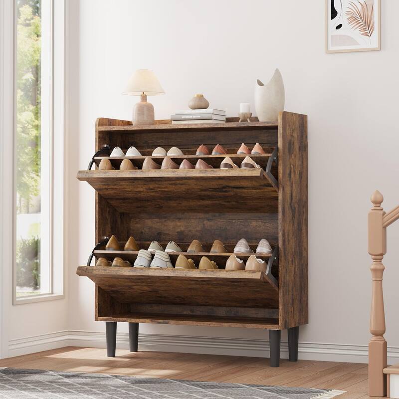 Drawer Wooden Shoe Cabinet with Adjustable Shelves - Retro - 2 Drawer