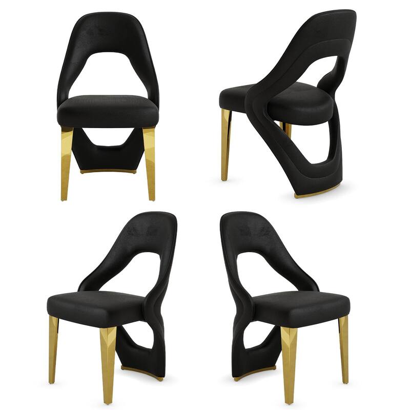 Velvet Dining Chairs with Open Back and Polished Metal Legs - Black - Set of 4