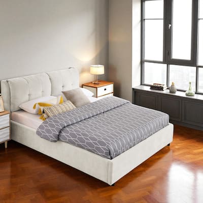 Queen/King Size Upholstered Hydraulic Storage Platform Bed with Chenille Fabric and Integrated Headboard
