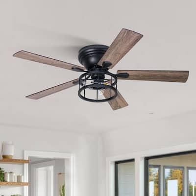 52 Inch Black Flush Mount Ceiling Fan with Light and Remote