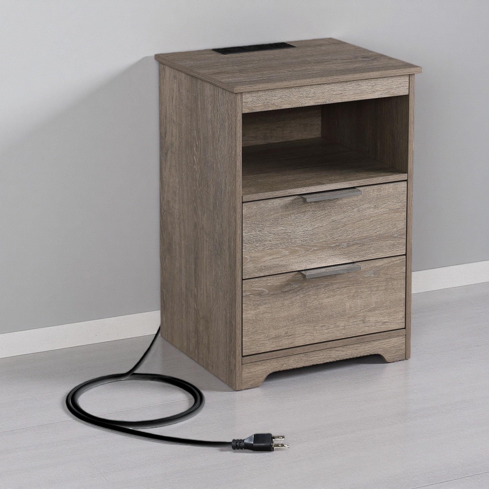 15.7"L Wooden Nightstand with Charging Station, 2 Drawers & Open Shelf, Modern End Table for Bedroom or Living Room