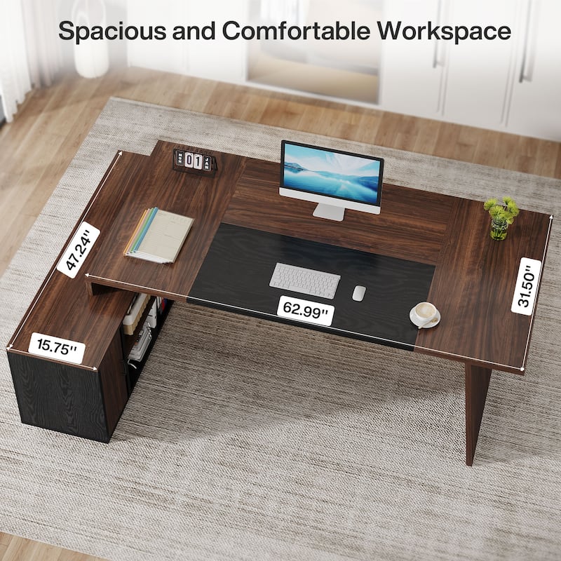 78-Inch L-Shaped Executive Desk with File Cabinet for Home Office