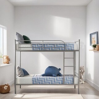 Twin Over Twin Bunk Bed with Ladder, Metal Bed with Full-Length Guardrail, Kid's Bed for Small Space, Bedroom, Silver