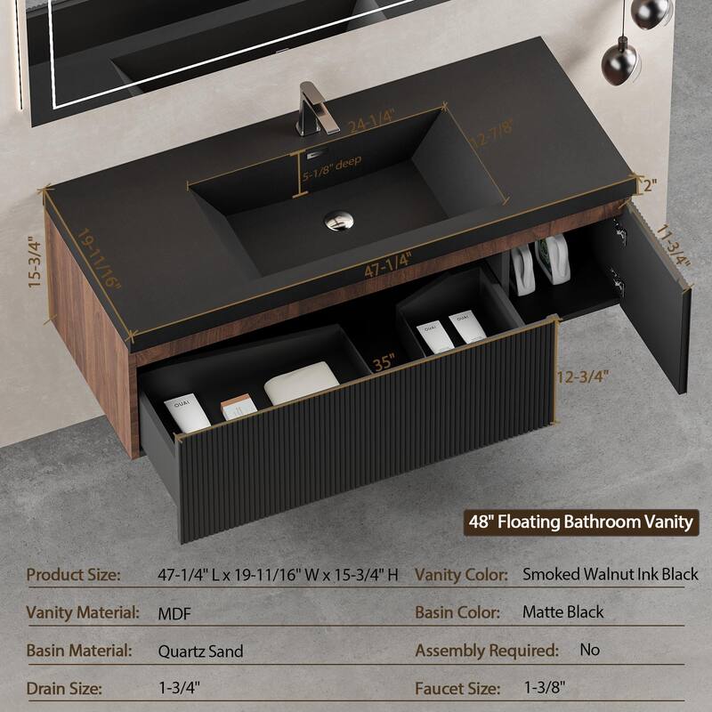 GDFStudio - Sebastian Floating Bathroom Vanity with Quartz Sand Basin and Fluted Storage Cabinet