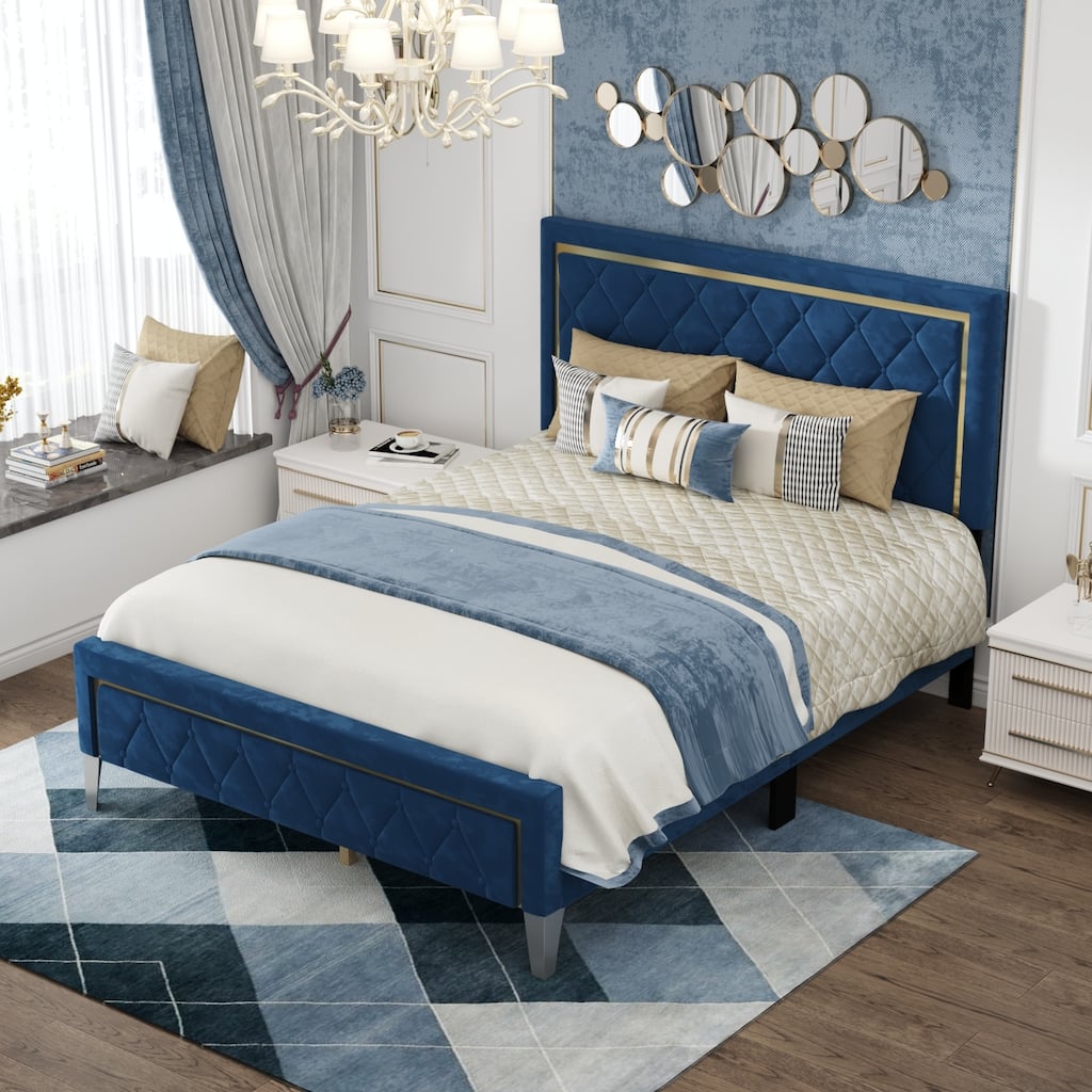 Wall Mounted Upholstered Bed Queen Blue,Padded Headboard,High-Density Padding